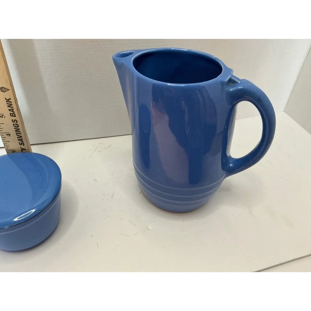 Vintage Blue Ceramic Pitcher and Lidded Bowls Set Kitchenware 3pc